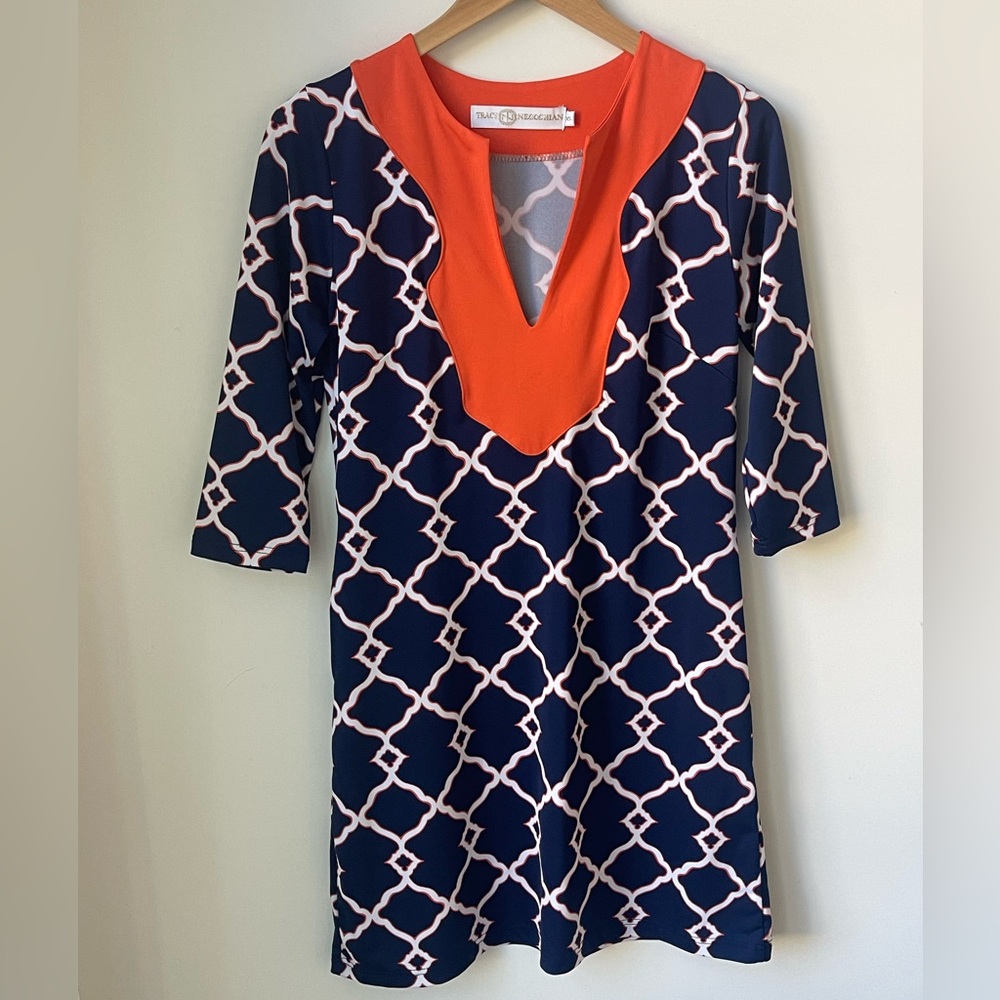 Tracy Negoshian Stretch Dress Orange Navy White Geometric Print V Neck Size XS